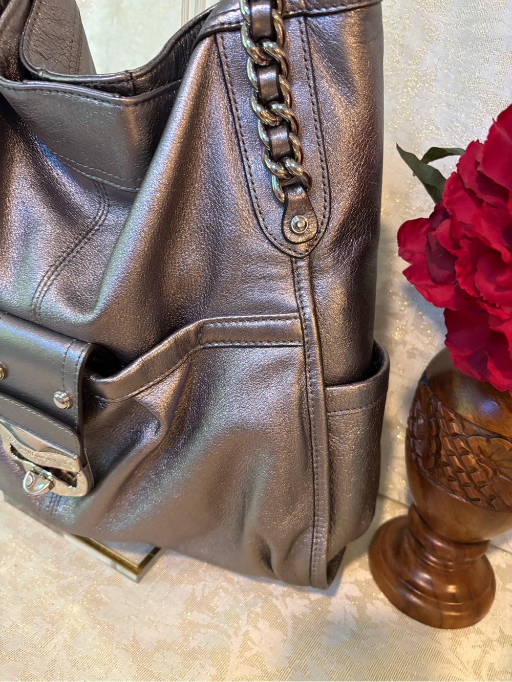 b. makowsky Metallic Pewter Leather Chain-Handle Shoulder Bag - Picture 6 of 15